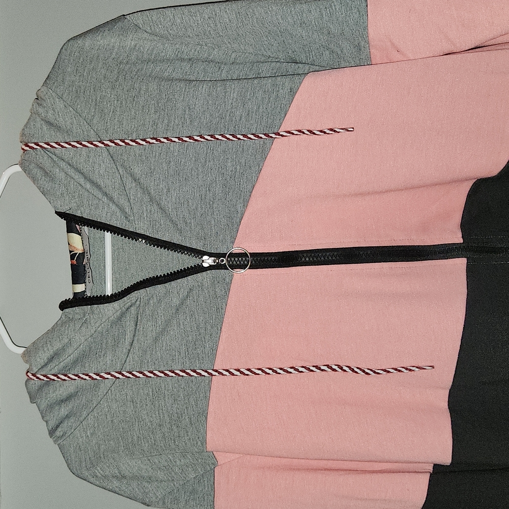 Cellabie Pink Color Block Floral-Lined Four-Pocket Zip-Up Hoodie - Picture 3 of 5